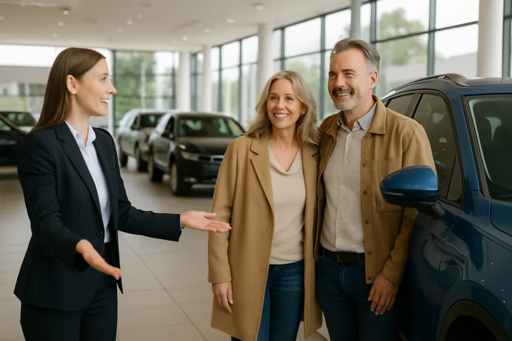 Autoverkäuferin zeigt einem Ehepaar ein Fahrzeug im Showroom