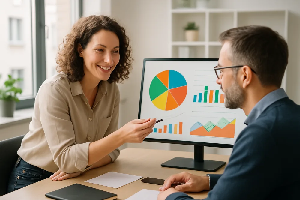 Online-Marketer arbeitet konzentriert am Laptop an einem aufgeräumten Schreibtisch